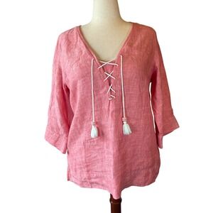 Tommy Bahama Womens Coral Pink 100% Linen Lace Up Tassel Tunic Top Large